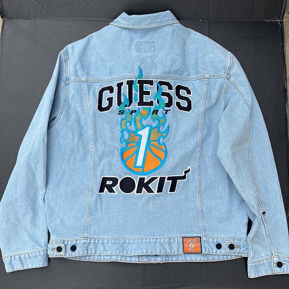New GUESS Sport Rokit Basketball Denim Jacket In Blue SZ XL